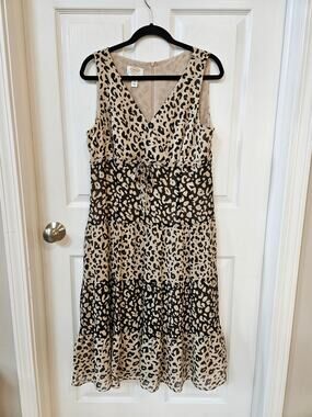 Talbots Petites Pure Silk Dress 14 Leopard Animal Print Tiered Midi Belted